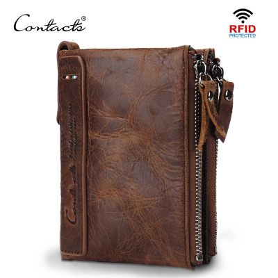 CONTACTS HOT Genuine Crazy Horse Cowhide Leather Men Wallet Short Coin Purse Small Vintage Wallets Brand High Quality Designer