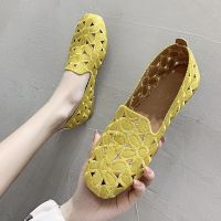 ☄▩ Square head single shoes women 2023 new embroidered shoes womens hollow summer womens shoes flat peas shoes womens shallow mouth mothers shoes