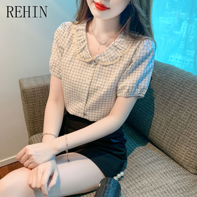 REHIN เสื้อเสื้อแขนสั้นมีปกลายสก๊อตลูกไม้แบบย้อนยุคฝรั่งเศสสำหรับฤดูร้อนใหม่เสื้อสตรีผ้าระบายขอบ