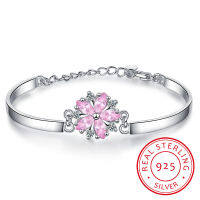 925เงินสเตอร์ลิงคริสตัลสีชมพู Zirconia Cherry Blossom สร้อยข้อมือดอกไม้และกำไลข้อมือสำหรับผู้หญิง Pulseira S-B45