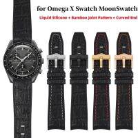 2023 Original ♨✺◇ Tali karet ujung melengkung 20mm baru untuk Omega untuk Swatch jam tangan pola bambu silikon gelang jam olahraga tahan air