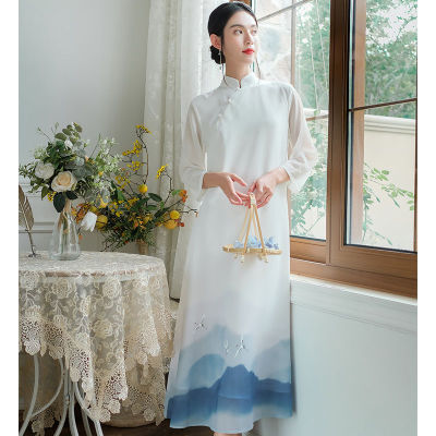 Qing Shuzhai 2021ชุดจีนหญิงสไตล์ชาติพันธุ์มือวาด Cheongsam รุ่นปรับปรุงพิมพ์ชุดหญิง