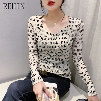 REHIN เสื้อยืดผู้หญิงแขนยาวพิมพ์ลายแฟชั่นตาข่ายการออกแบบที่ไม่เหมือนใคร2023ฤดูใบไม้ร่วงมาใหม่ล่าสุดยุโรป