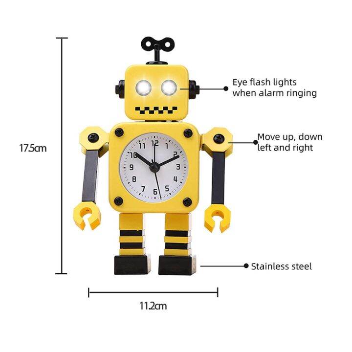 robot-digital-alarm-clock-stainless-non-ticking-wake-up-quartz-desk-clock-with-eye-lights-rotating-arm-for-kids