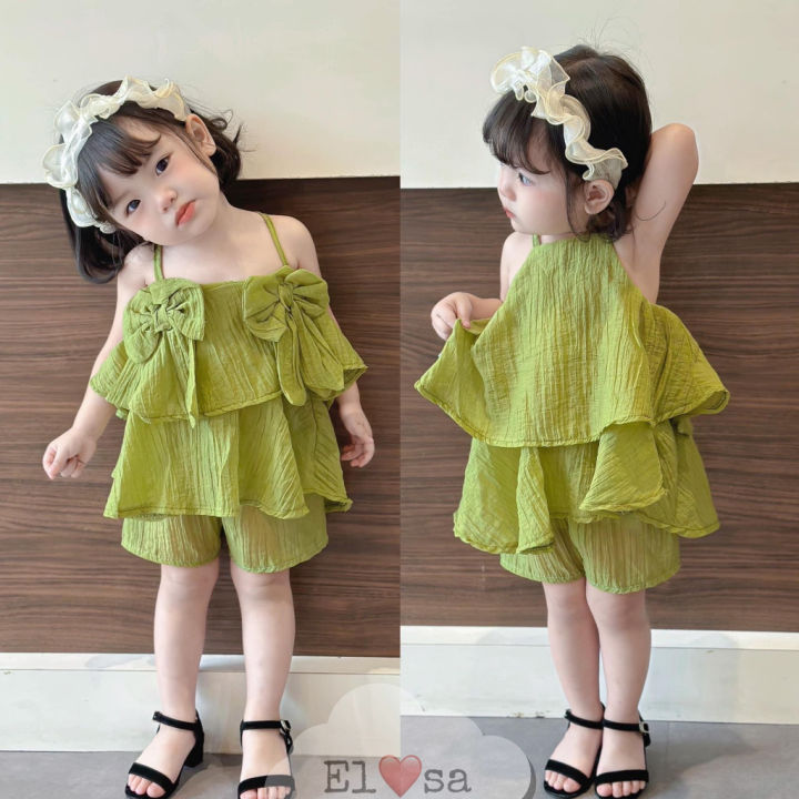 Quần Áo Bé Gái - Bộ 2 Dây Đính Nơ Bánh Bèo Siêu Xinh Cho Bé Gái 1 - 5 Tuổi  | Lazada.Vn