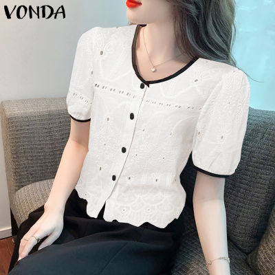 (จัดส่งฟรี)Fancystyle VONDA เสื้อลำลองมีกระดุมสำหรับผู้หญิงเสื้อคอกลมแขนพองสั้น