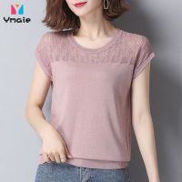 ✆☍ Ice Silk T-shirt Womens Knitted Short-sleeved Round Neck Hollow Loose Top