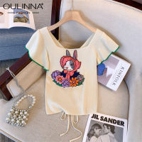 OULINNA เสื้อยืดคอสี่เหลี่ยมปักลายกระต่ายสำหรับผู้หญิง,เสื้อบางแขนสั้นจับจีบเข้ารูปพอดีฤดูร้อน