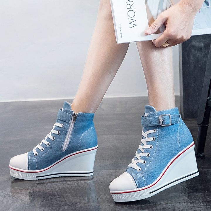 High Top Canvas Women Wedge Shoes Women's Denim Ankle Lace Up Ladies Ankle Canvas  Shoes Woman 8cm Heels Sneakers 