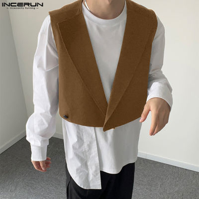 INCERUN เสื้อกั๊กผู้ชายวินเทจแขนกุดมีกระดุมเสื้อเบลเซอร์คอวีเสื้อโค๊ตกันหนาวแขนยาวตัวนอก (สไตล์เกาหลี)