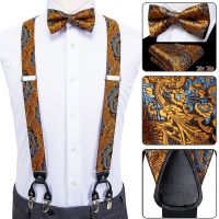 Luxury Silk Adult Mens Suspenders Metal 6 Clips Braces Bow Tie Hanky Cufflinks Male Wedding Party Vintage Elastic Adjustable Exercise Bands