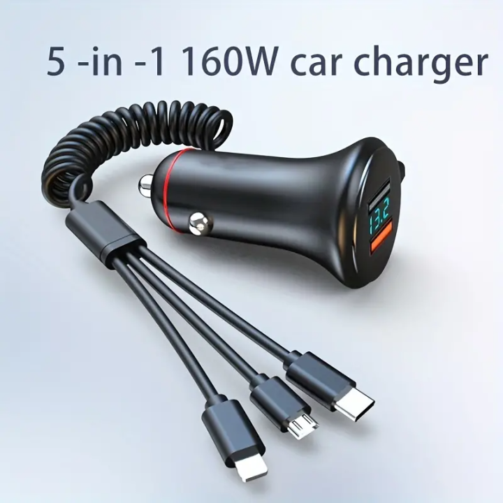 จอแสดงแรงดันไฟฟ้าชาร์จเร็วที่ชาร์จแบบเร็วรถยนต์5ใน1-160วัตต์-usb-qc3-0ที่ชาร์จโทรศัพท์อย่างรวดเร็ว-type-c-สำหรับ-iphone-samsung