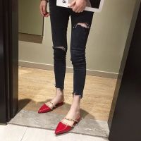 Women Shoes Flat Female 2020 Rivet All-match Low Heel Pointed Loafers Slip-ons平底铆钉时尚百搭低跟尖头包头半拖鞋女