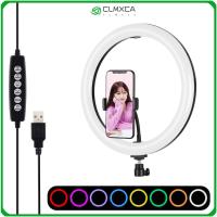 CLMXCA แหวนไฟนิ้วหรี่แสงได้จอโค้ง30ซม. แฟลชวิดีโอเซลฟี่ LED 8สี RGBW USB 10โหมด