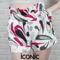 iCONiC PINK LOOKNUM SHORTS #2840 กางเกงขาสั้น พิมพ์ลาย ขาว ชมพู ยาว30ซม. รูดเอวได้ ผ้าไหมซาติน แต่งกระเป๋า และโบว์ผูกเอว กางเกงผู้หญิง กางเกงชายทะเล