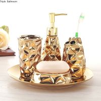 Ceramic bathroom set four-piece Gold tooth brush holder Soap Dispenser soap box bathroom decoration accessories Wedding giftsTH