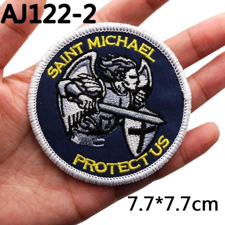 aj112-130-saint-michael-protect-us-embroidered-patches-knight-badge-with-iron-on-hook-backing-for-clothing-applique
