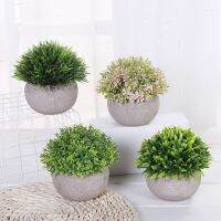 Artificial Plastic Mini Plants Unique Fake Fresh Green Grass Flower in Gray Pot for Home Décor