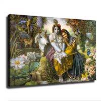 Radha Krishna แบกวัวและขลุ่ยข้างแม่น้ำของเขาศิลปะบนผืนผ้าใบสำหรับติดกำแพงลายพิมพ์ภาพวาดที่ทันสมัยสำหรับห้องครัวที่บ้านห้องรับแขกห้องนอนการตกแต่ง (Unframed,8X12นิ้ว)