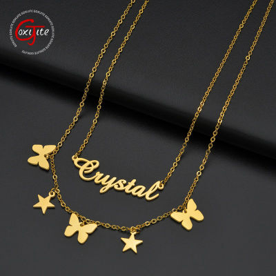 Goxijite Custom Name Necklace Personalized Double Layer Stainless Steel Butterflies Stars Nameplate Women Necklace Lovely Gift