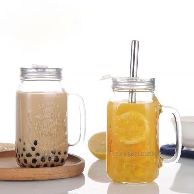 ℡ 1PC Mason Jar Mugs with Handles Old Fashioned Glass Bottle Juice Drink Clear Glass Water Bottle With Cover Straw Drinkware Cup