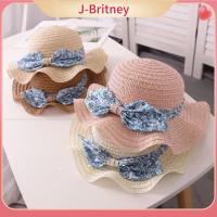 J-BRITNEY กันยูวีสำหรับเด็กผู้หญิง2-5ปีฤดูร้อนหมวกชายหาดหมวกบังแดดพร้อมทารกโบว์แบบผูกเด็กผู้หญิงหมวกฟางเด็กวัยหัดเดิน