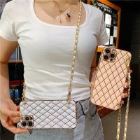 【 AN boutique 】 13สร้อยคอเชือกโซ่สาว Lambskin Diamond Soft เคสโทรศัพท์สำหรับ iPhone 13 12 11 Pro XS MAX X XR SE2 7 8 Plus Mini Lanyard Cover