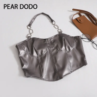 PEAR DODO เสื้อกล้ามสั้นสำหรับผู้หญิงหนัง PU เกาหลีแขวนคอ