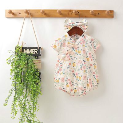 Newborn Baby Girl Outfits Baby Clothes Summer Floral R Cheongsam Embroidery Bodysuit+hair Band 2 Pics Set Infant Cute Romper