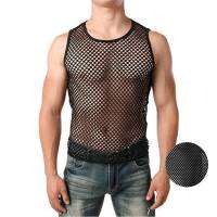 บุรุษเสื้อกล้ามตาข่าย Fishnet สตริงเสื้อกั๊กแขนกุดซีทรูบางเสื้อกีฬาฤดูร้อนกลวงยิมถังฝึกอบรมสลิมฟิตกล้ามเนื้อ