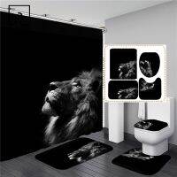 QSR STORE Lion Zebra Shark Animal Print Shower Curtain Set Black Waterproof Bathing Screen Flannel Toilet Lid Cover Home Mat Decor Carpet