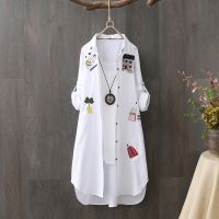 ✐♈ Spring and autumn Korean style cotton all-match casual shirt womens long-sleeved literary embroidery loose mid-length shirt sunscreen shirt