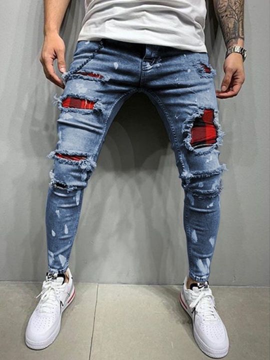 กางเกงยีนส์สตรีทแวร์2023-fesyen-lelubang-lutut-tang-กางเกงยีนส์ผ้ายีนส์ผ้ายืดกางเกงยีนส์ผ้ายูลายกางเกงจ็อกกิ้งเข้ารูปพอดี