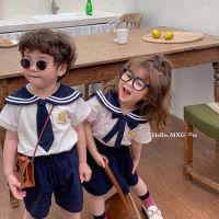 ♞✥ Beixiju-Boys Girls Navy Style Short-Sleeved Shorts Pleated Skirt Suit Summer Children Baby Kindergarten Performance Uniform School Gard