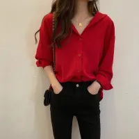 New Women Spring Autumn Style Blouses Shirt Women V-Neck Red Color Shirts Vintage Women Blusas Tops High Quality DF3640