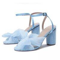 Round Heels Ankle Strap Bow-tie Beautiful Summer Sandals Shoes Wedding Party Dress Shoes Pumps Size 43 Women