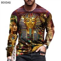 【ร้อน】ผู้ชายแขนยาวเสื้อยืดผ้าฝ้ายฤดูใบไม้ร่วงใหม่3D อียิปต์ราชินีพีระมิดพิมพ์ท็อปส์แฟชั่นชายฮิปฮอปท็อปส์ขนาดใหญ่กีฬาเสื้อยืด
