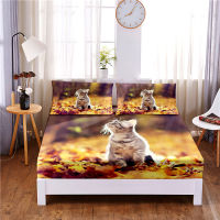 Lovely Cat Printed 3pc Polyester Fitted Sheet Mattress Cover Four Corners with Elastic Band Bed Sheet Pillowcases