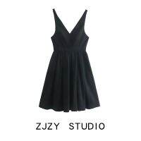 ZARA ชุดเดรสคอวีสไตล์ยุโรปและอเมริกัน ZA ชุดกระเป๋าลำลองคอวีมีสายรัดฝรั่งเศสสำหรับผู้หญิง1107279001