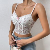 【LZ】○♟☌  Espartilho de renda floral feminino alça sem mangas top curto justo costas abertas malha desossada gola V roupa íntima feminina festa