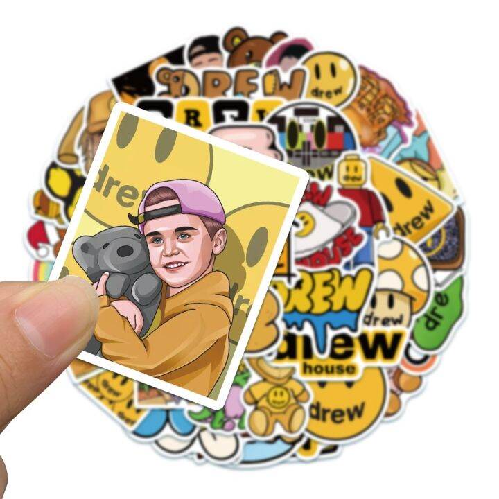 50pcs-famous-drew-fashion-justin-bieber-drew-waterproof-sticker-skateboarding-snowboard-retro-vinyl-sticker-graffiti-notebook-sticker