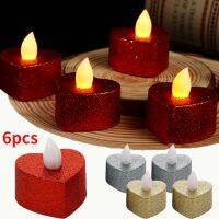 6pcs Heart Electronic Candle with Gold Powder Shimmer LED Night Light for Christmas Romantic Dinner Wedding Valentines Decors