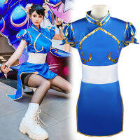 Chun Li ชุดกี่เพ้าชุดกี่เพ้าลายสิงโตกระโปรงจีนเซ็กซี่ชุดเต้นรำเกมสตรีทไฟเตอร์เครื่องแต่งกายคอสเพลย์ผู้หญิงอนิเมะ