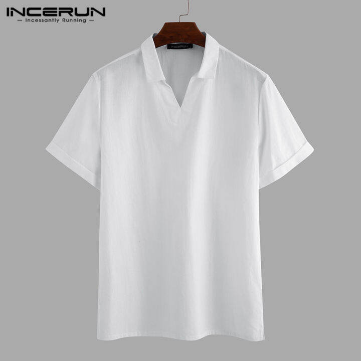 incerun-เสื้อผู้ชายแขนสั้นผ้าลินินผ้าฝ้าย-henley-เสื้อลำลองหลวมสีทึบเสื้อยืดเสื้อยืด-ลดล้างสต๊อก