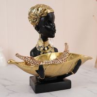 Resin Black African Woman Storage Figurines For Interior Exotic Figure Statues Desktop Entrance Keys Container Decor