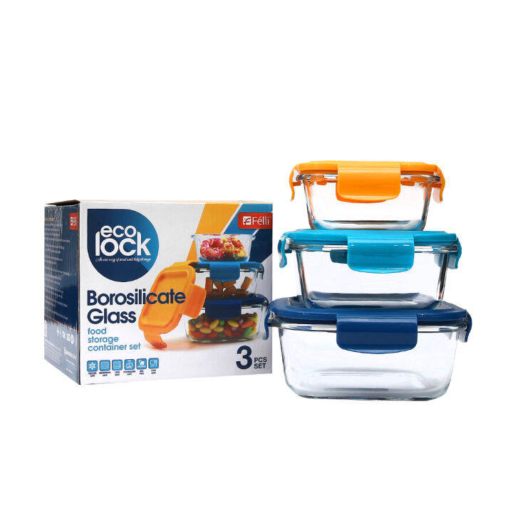 Felli Ecolock Borosilicate Glass Food Storage Container Set (3 Pcs