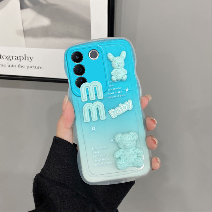 phone-case-เคส-vivo-v27-vivo-v27-pro-5g-เคสโทรศัพท์สีฟ้าไล่ระดับสีฟ้าลายการ์ตูนน่ารักตุ๊กตาหมี3มิติเคสนิ่มกันกระแทกพร้อม2023สร้อยข้อมือซิลิโคนที่ถอดอ