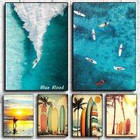 Nordic Sea Beach Sunrise Sunset Surfing Surfboard โปสเตอร์-ภาพวาดผ้าใบและพิมพ์ภาพผนังศิลปะสำหรับห้องนั่งเล่น Home Decor