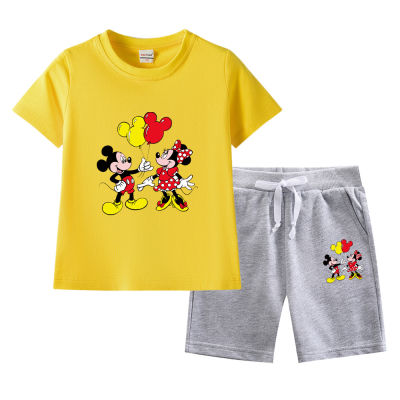 Mickeys Minnies เด็กเสื้อยืดฤดูร้อนแขนสั้นบางสบายๆกางเกงขาสั้นผ้าฝ้ายใหม่2ชิ้นเด็กหญิงเด็กชาย