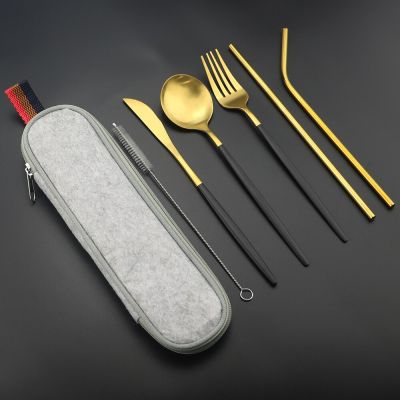 Dinnerware Set 7pcs/set Black Gold Travel Camping Cutlery Set Reusable Silverware with Metal Straw Spoon Fork and Portable Case Flatware Sets